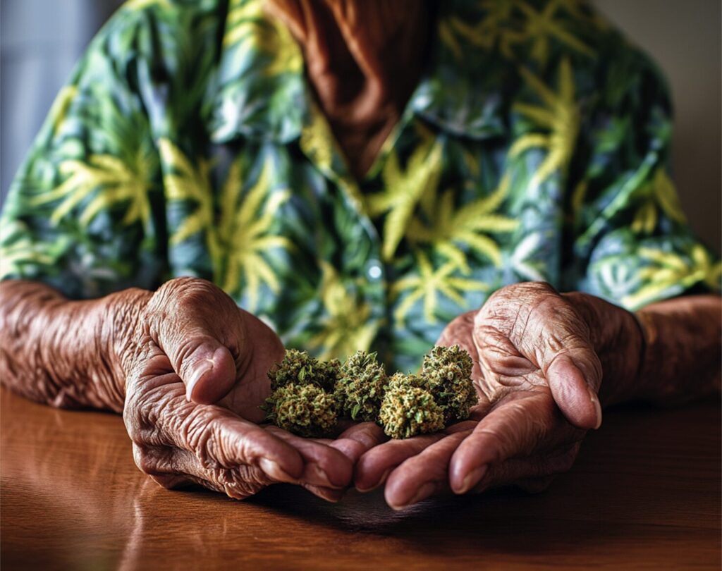 An elderly person in a green leaf-patterned shirt proudly displays cannabis buds in their hands over a wooden table, perhaps considering the benefits of discount programs.